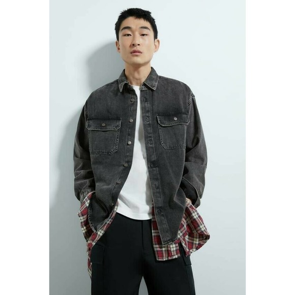 ZARA MAN washed black denim layered PLAID OVERSHIRT shacket RELAXED SIZE S - Picture 1 of 6